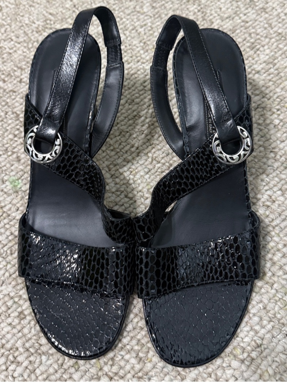 Brighton Black Patent Snakeskin Slingback Sandals with Silver Buckle